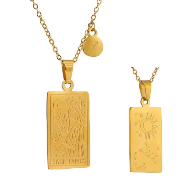 Jewelry - NEW 18K Gold Plated Sagittarius Sign Zodiac Tarot Card Square Pendant Neck…